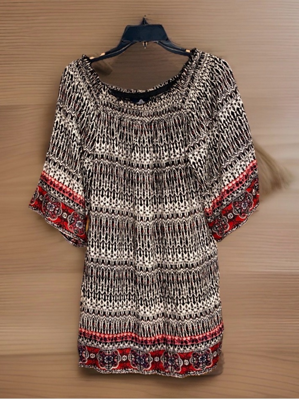 Angie Women’s Black, White, & Red Geometric Printed Boho Mini Dress - S -EC